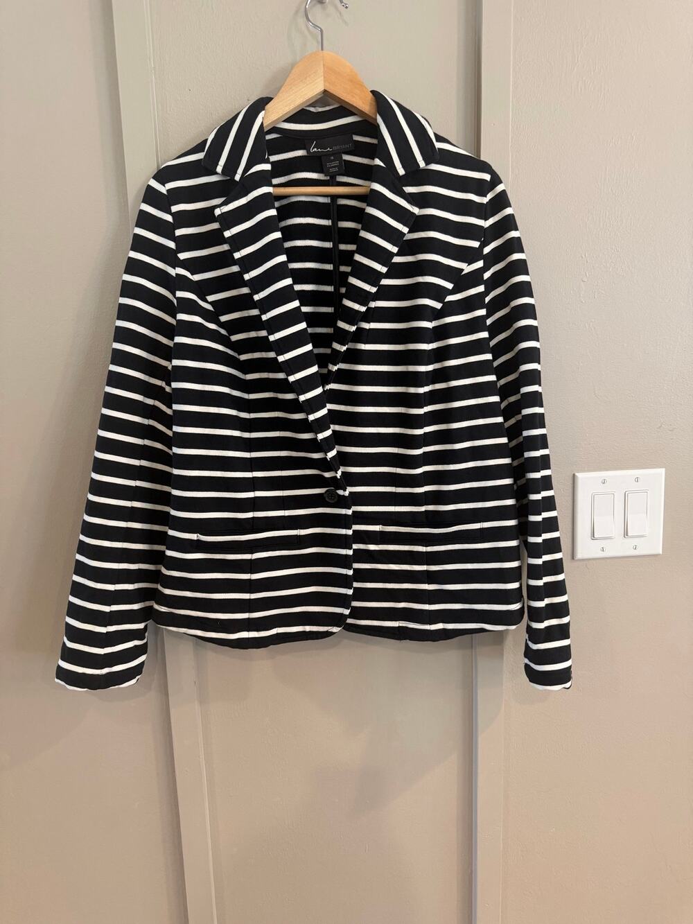 LANE BRYANT Knit One-Button Blazer Sweater Jacket Black/White Stripe SZ 14